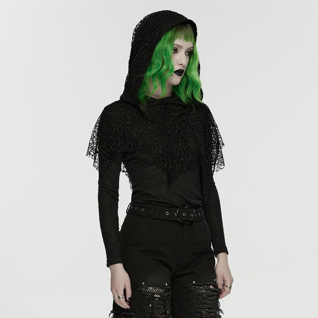 PUNK RAVE Women's Wasteland Punk Mesh Splice Hooded Long Sleeved Shirt
