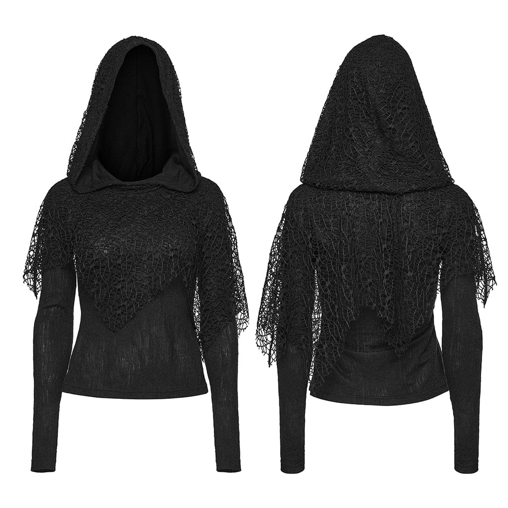 PUNK RAVE Women's Wasteland Punk Mesh Splice Hooded Long Sleeved Shirt