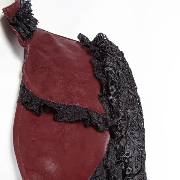 RNG Women's Gothic Flared Sleeved Distressed Faux Leather Jacket Red