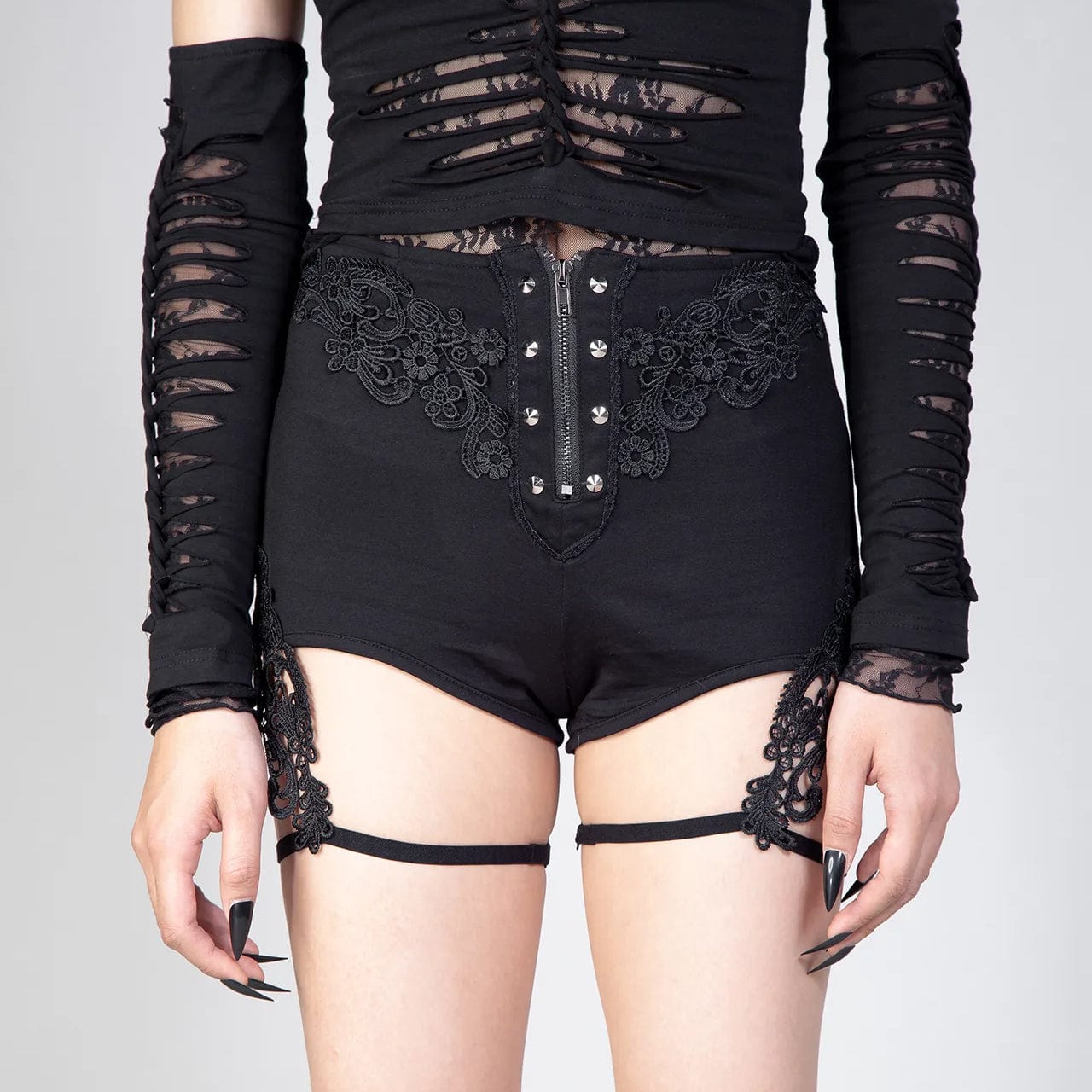 RNG Women's Gothic Floral Embroidered Studded Shorts