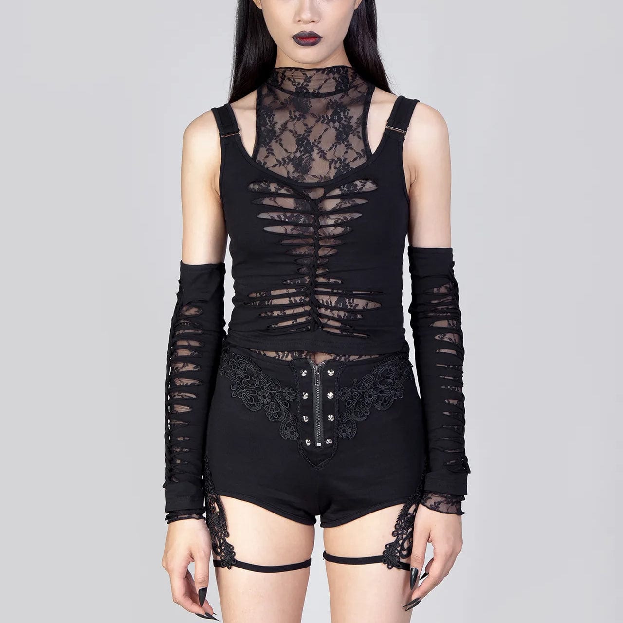 RNG Women's Gothic Floral Embroidered Studded Shorts