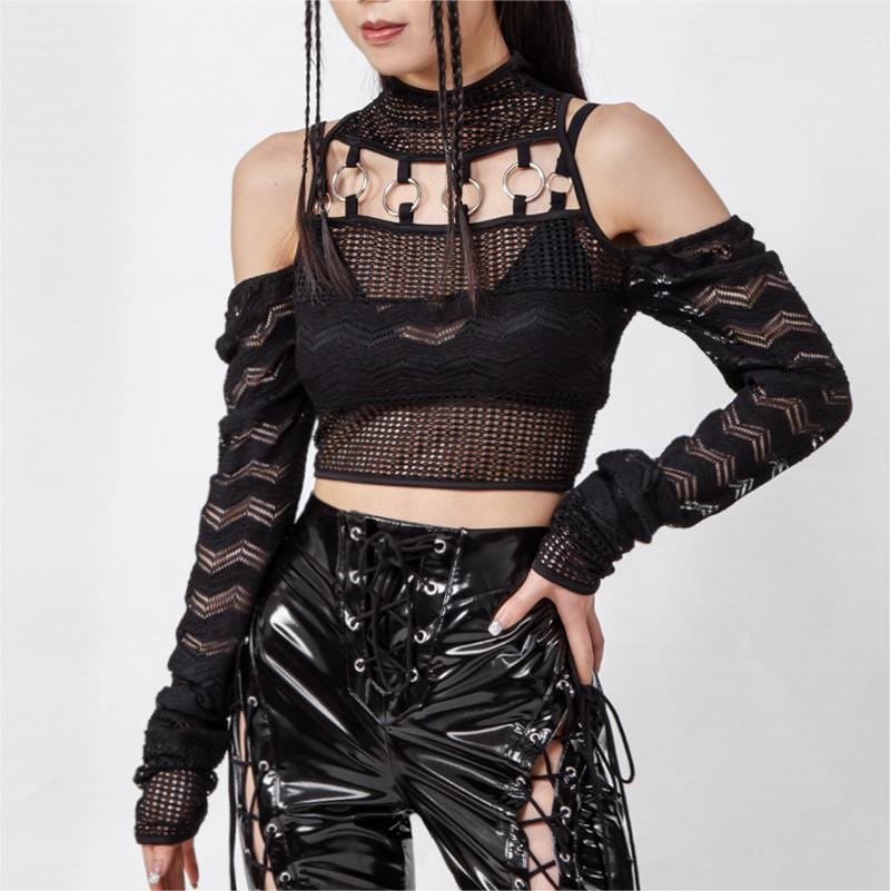 RNG Women's Gothic High Collar  Off Shoulder Long Sleeved Crop Top