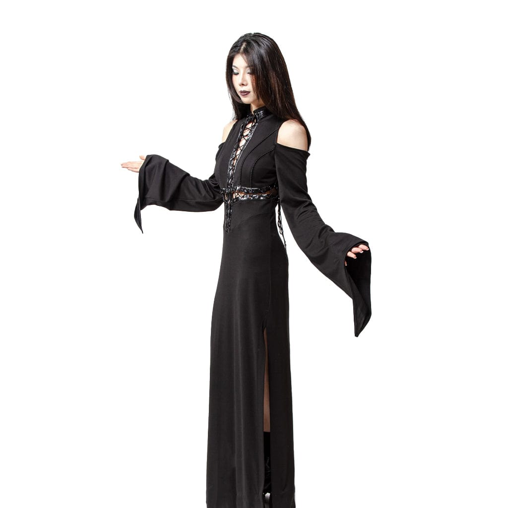 RNG Women's Gothic Lacing-up Trumpet Sleeved Maxi Dress