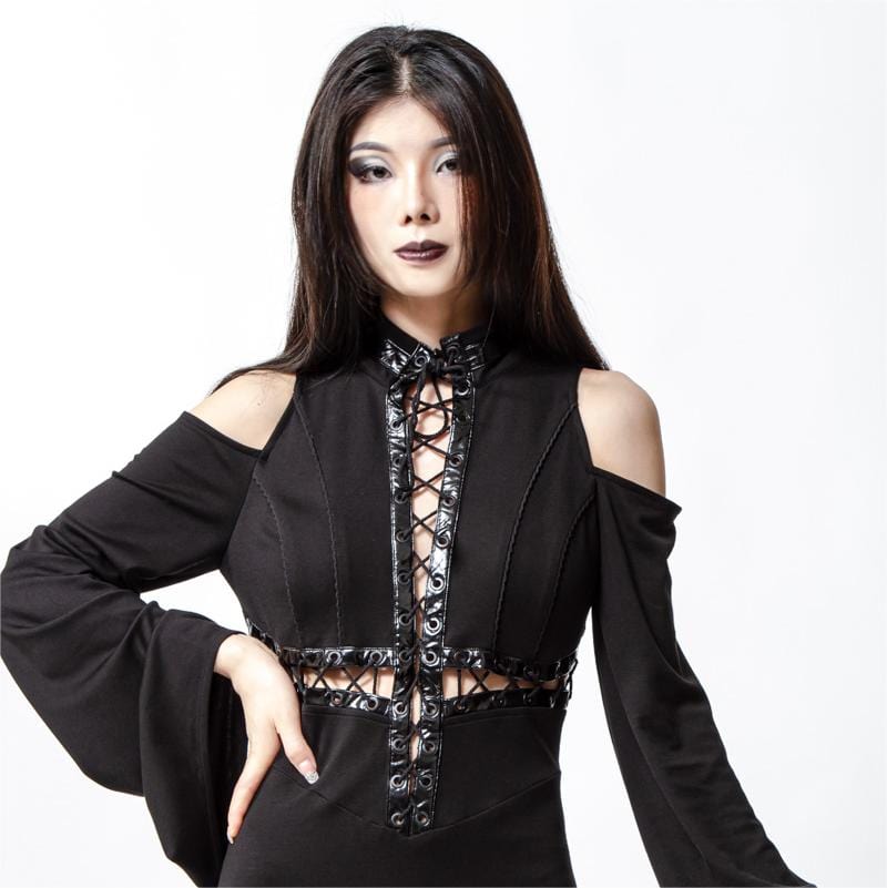 RNG Women's Gothic Lacing-up Trumpet Sleeved Maxi Dress