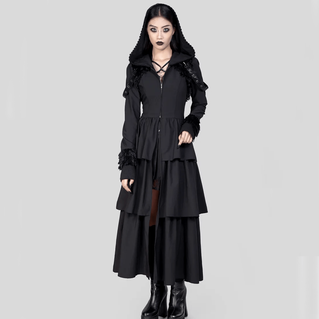 RNG Women's Gothic Plunging Flared Sleeved Split Coat with Hood