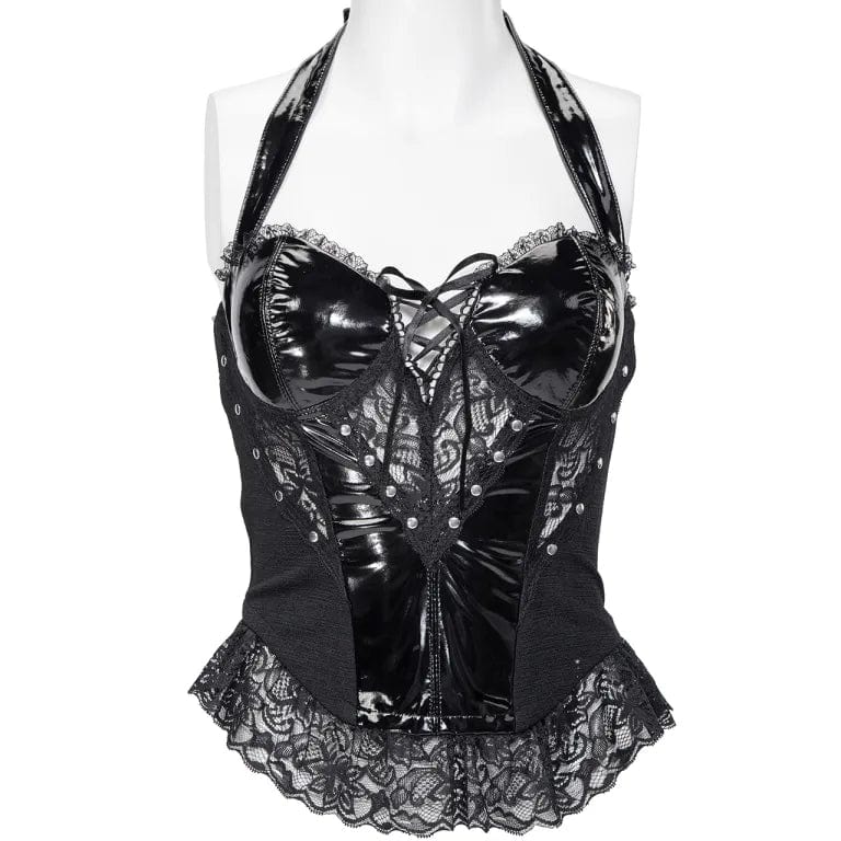 RNG Women's Gothic Plunging Lace Splice Halterneck Vest
