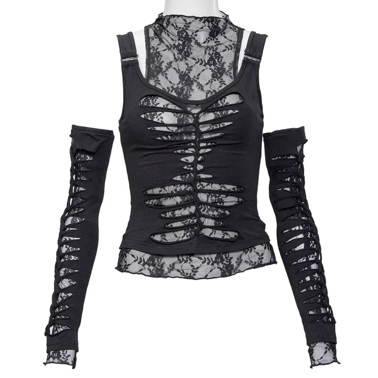 RNG Women's Gothic Rippes Mesh Splice Tank Top with Oversleeves