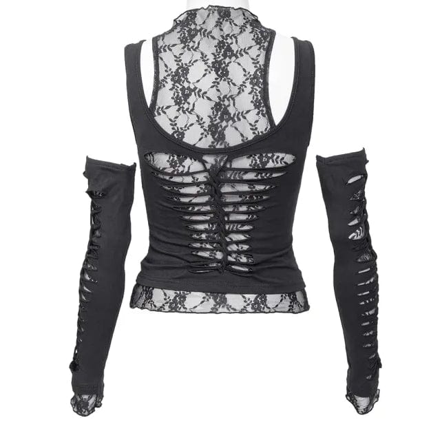 RNG Women's Gothic Rippes Mesh Splice Tank Top with Oversleeves