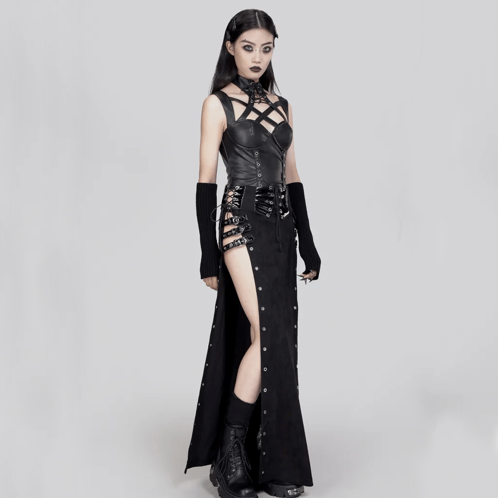 RNG Women's Gothic Stand Collar Cutout Faux Leather Vest