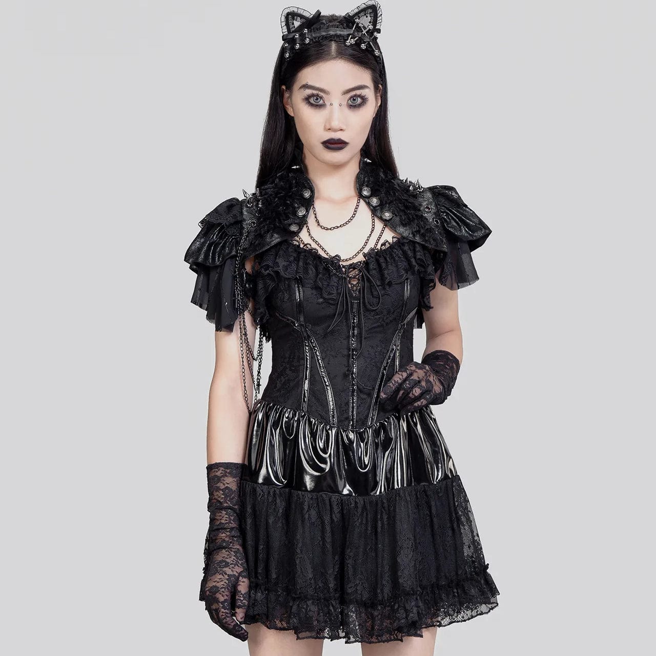 RNG Women's Gothic Stand Collar Studded Faux Leather Cape