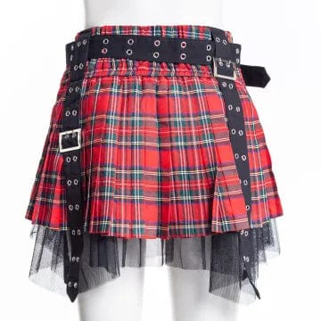 RNG Women's Grunge Eyelet Buckled Plaid Pleated Skirt Red