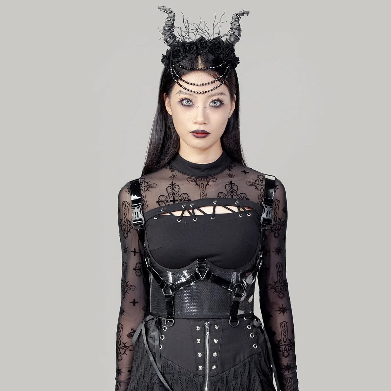 RNG Women's Punk Buckles Mesh Underbust Corset Black