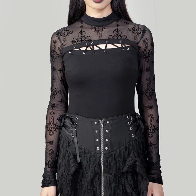 RNG Women's Punk Cutout Flocking Mesh Shirt
