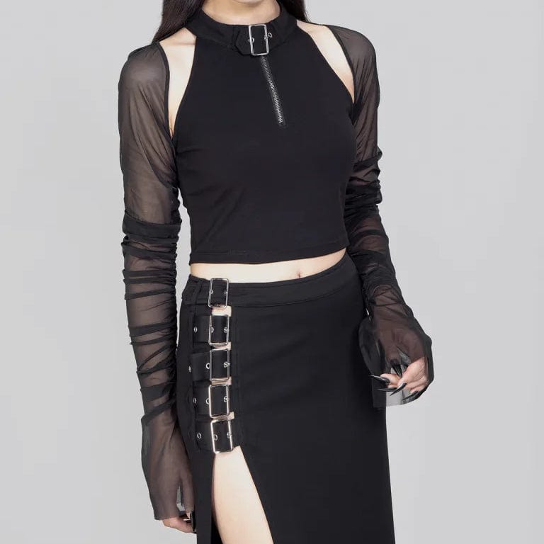 RNG Women's Punk Cutout Mesh Splice Crop Top