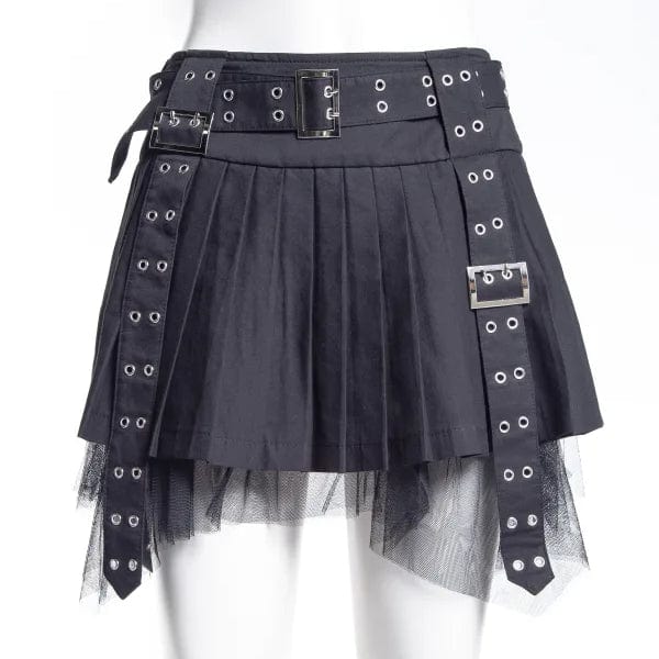RNG Women's Punk Eyelet Buckled Pleated Skirt
