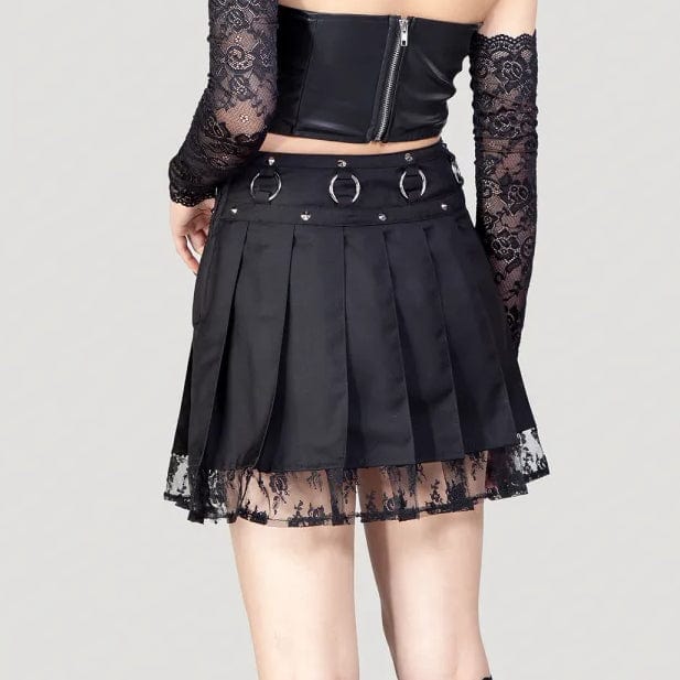 RNG Women's Punk Studded Lace Splice Pleated Skirt