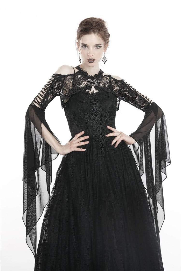 Women's Goth Off Shoulder Floral Crocheted Cape With Chiffon Sleeves