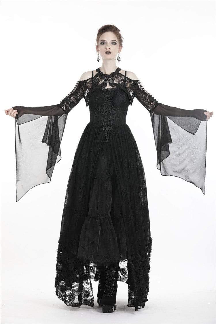Women's Goth Off Shoulder Floral Crocheted Cape With Chiffon Sleeves