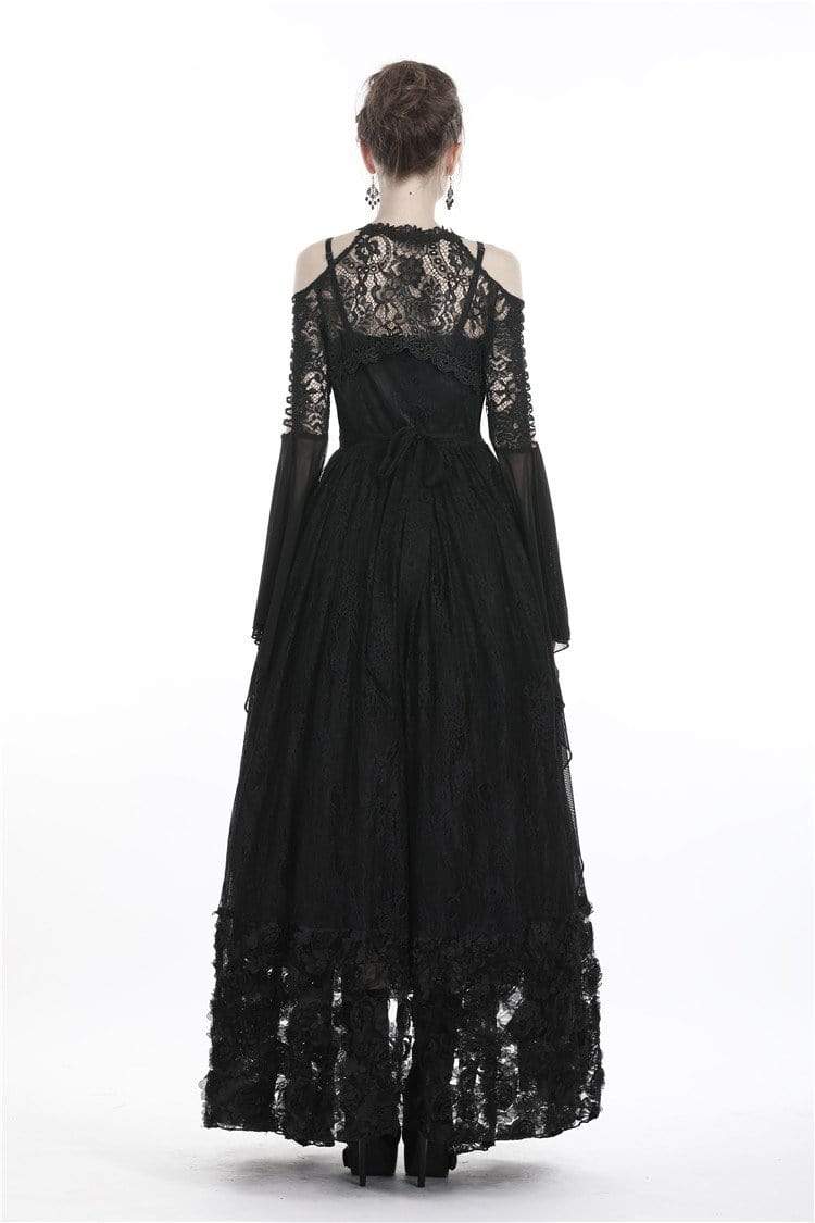 Women's Goth Off Shoulder Floral Crocheted Cape With Chiffon Sleeves