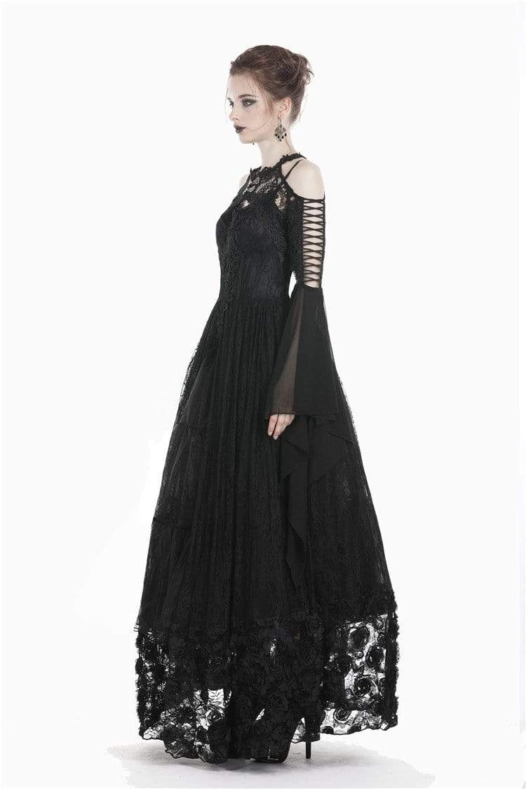 Women's Goth Off Shoulder Floral Crocheted Cape With Chiffon Sleeves