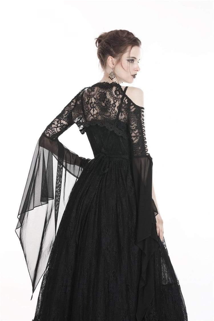 Women's Goth Off Shoulder Floral Crocheted Cape With Chiffon Sleeves