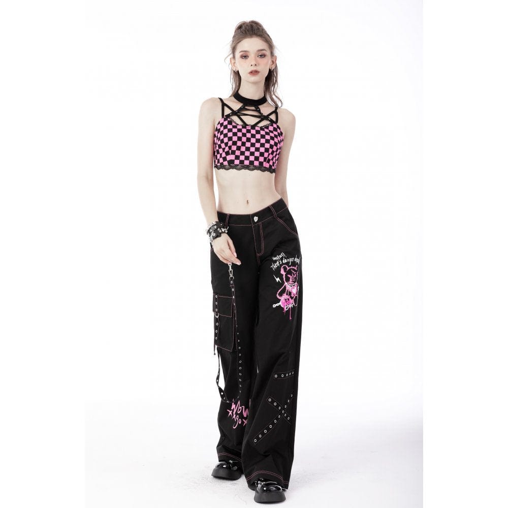 Darkinlove Rebel Racer Black Pink Plaid Halter Crop Top