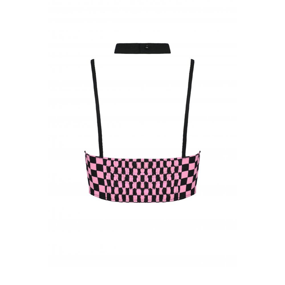 Darkinlove Rebel Racer Black Pink Plaid Halter Crop Top