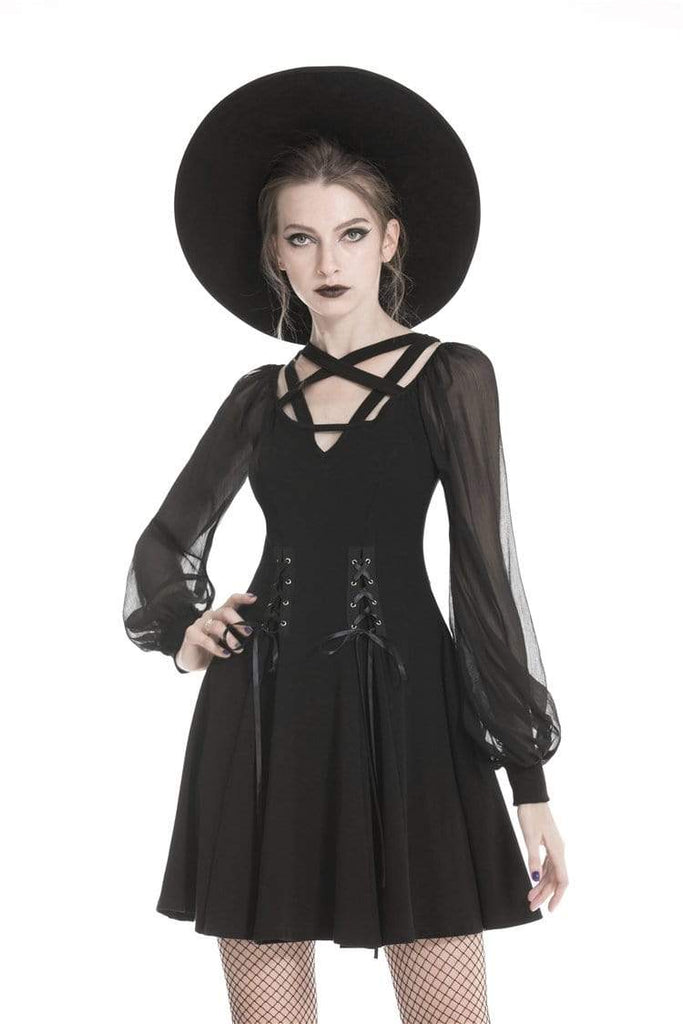 Darkinlove Women's Goth Lacing Black Little Dresses With Mesh sleeves