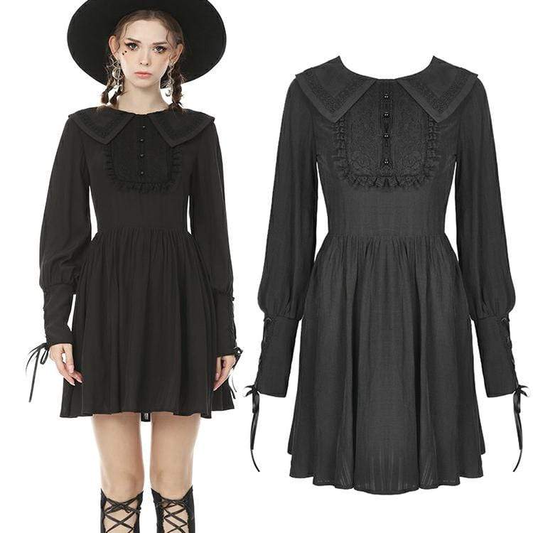 Women's Goth Turn-down Collar Long Sleeved Ruffles Black Little Dresses
