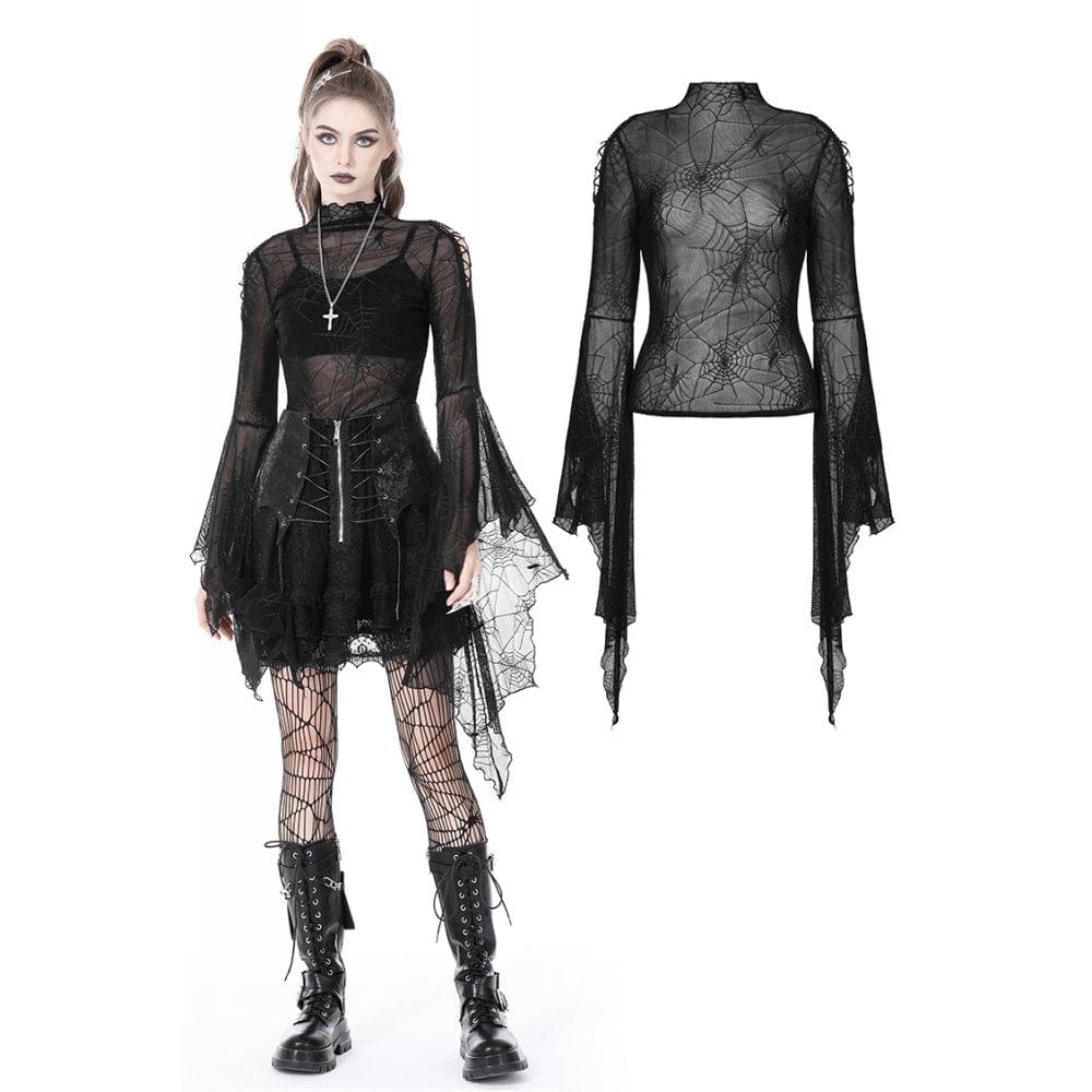 Darkinlove Women's Gothic Flared Sleeved Spider Web Sheer Shirt