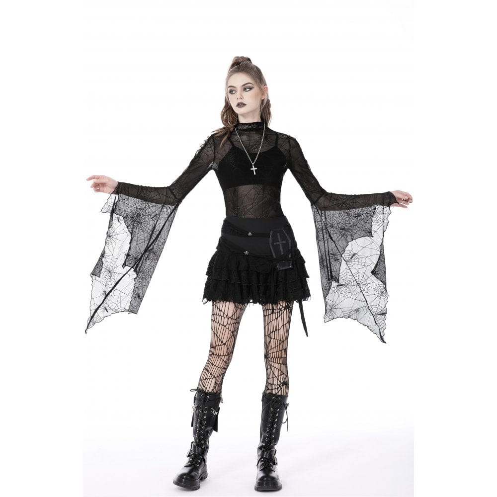 Darkinlove Women's Gothic Flared Sleeved Spider Web Sheer Shirt