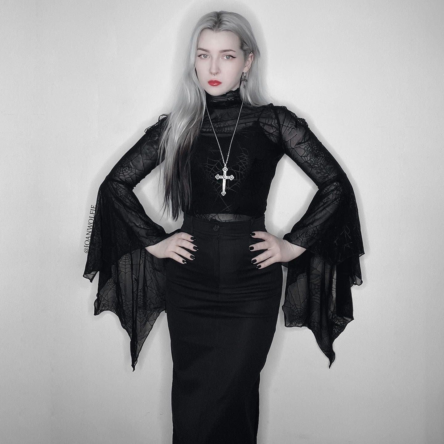 Darkinlove Women's Gothic Flared Sleeved Spider Web Sheer Shirt