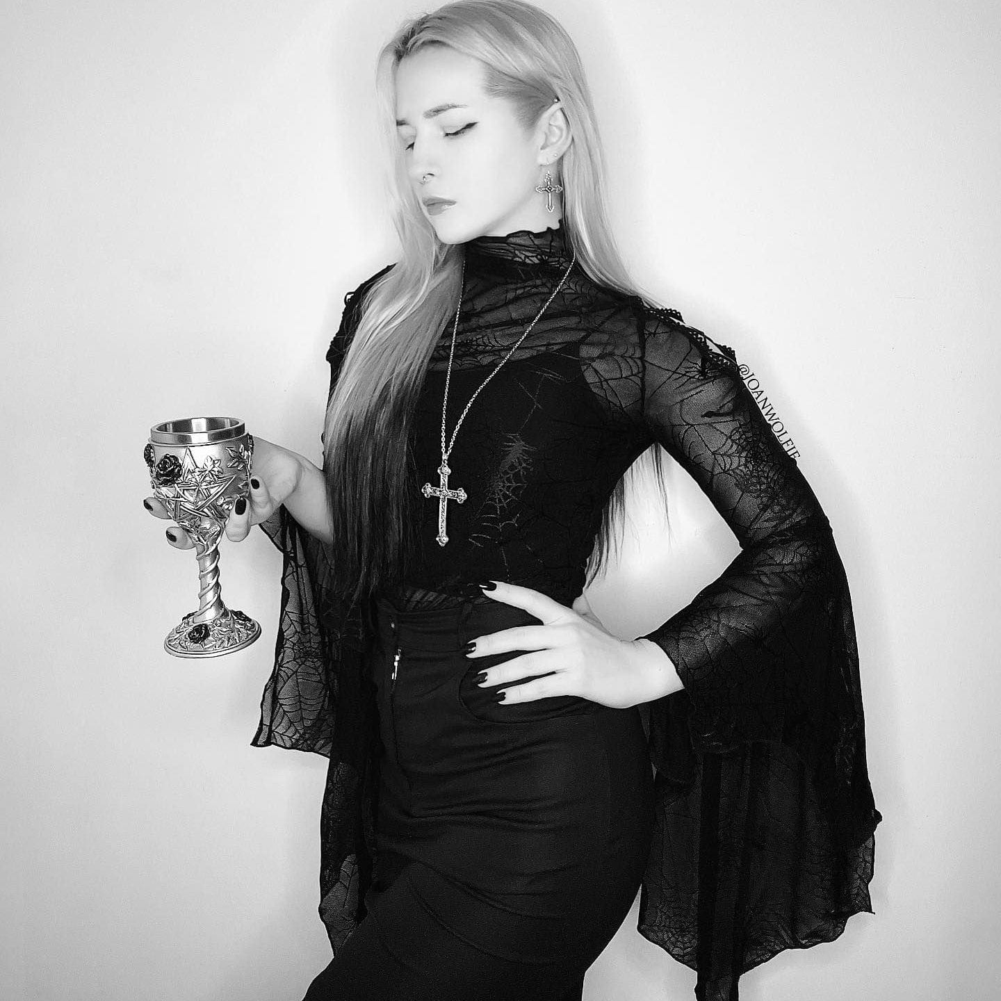 Darkinlove Women's Gothic Flared Sleeved Spider Web Sheer Shirt
