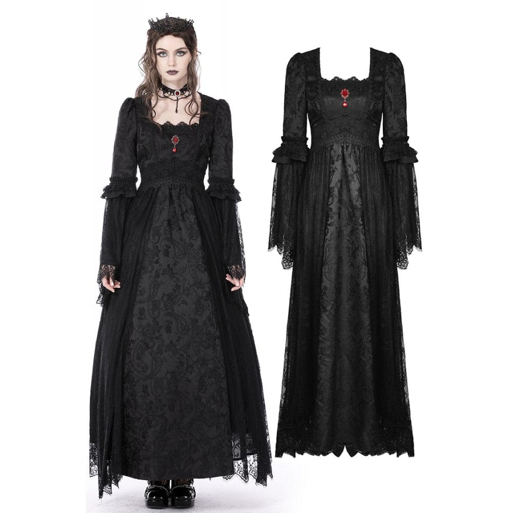 Darkinlove Women's Gothic Floral Embroidered Lace Splice Dress