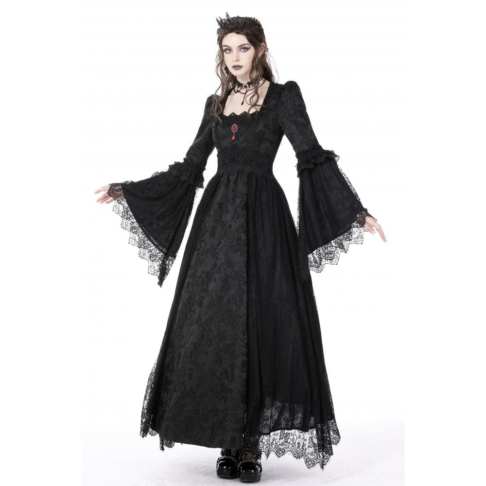 Darkinlove Women's Gothic Floral Embroidered Lace Splice Dress