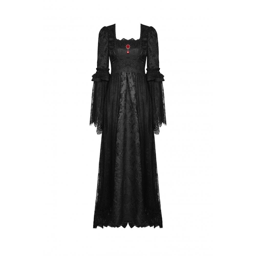 Darkinlove Women's Gothic Floral Embroidered Lace Splice Dress