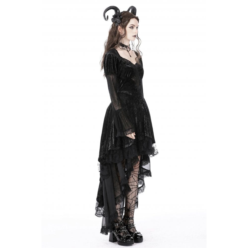 Darkinlove Women's Gothic Irregular Lace Layered Velvet Dress