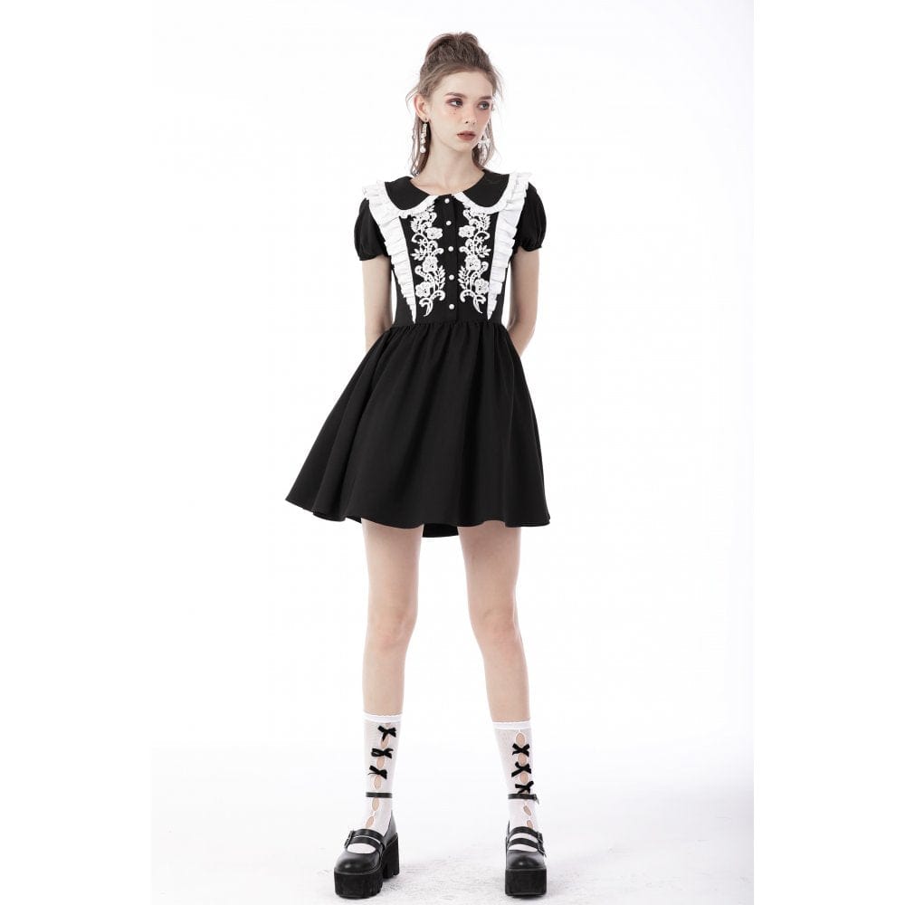 Darkinlove Women's Gothic Lolita Peter Pan Collar Floral Shirt Dress