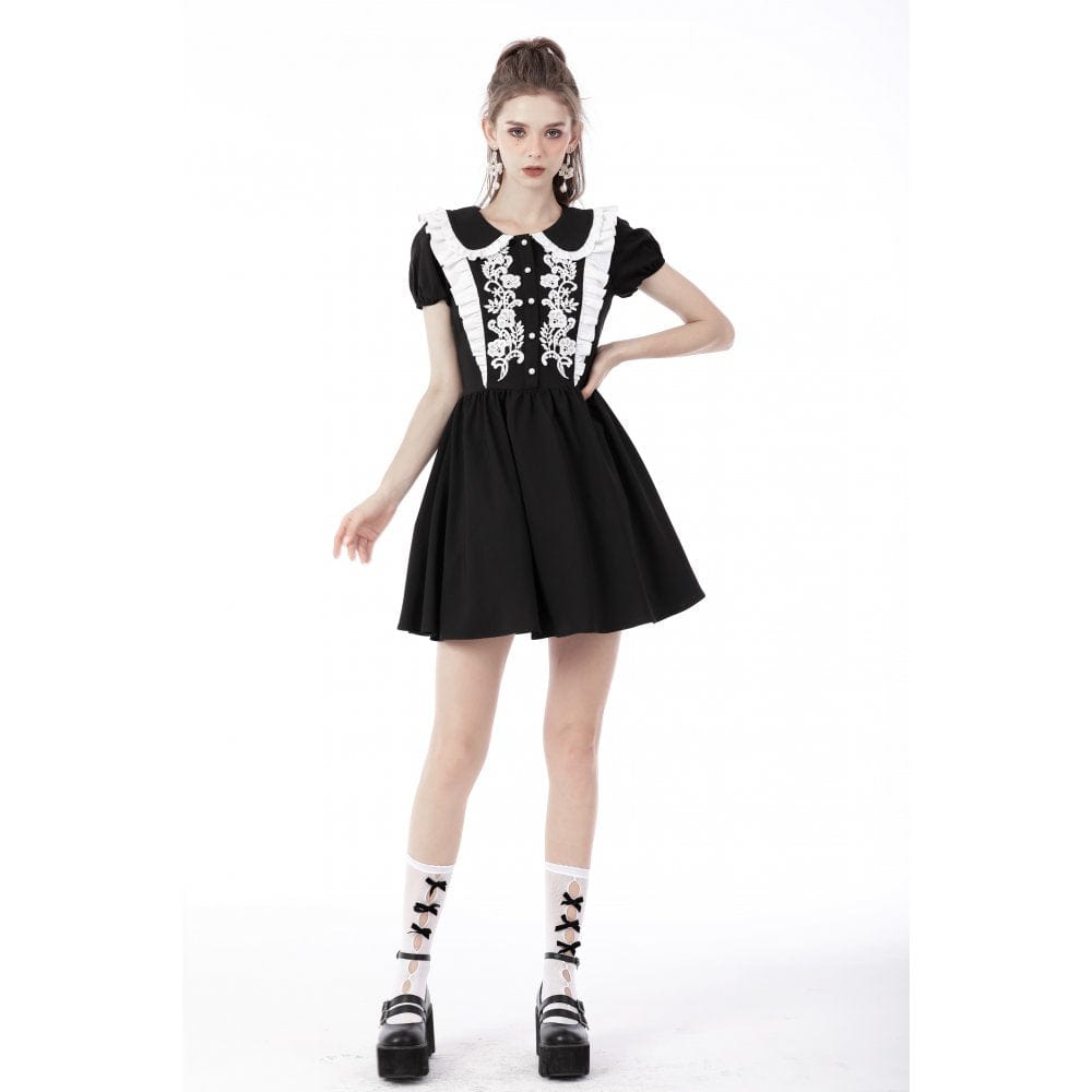 Darkinlove Women's Gothic Lolita Peter Pan Collar Floral Shirt Dress