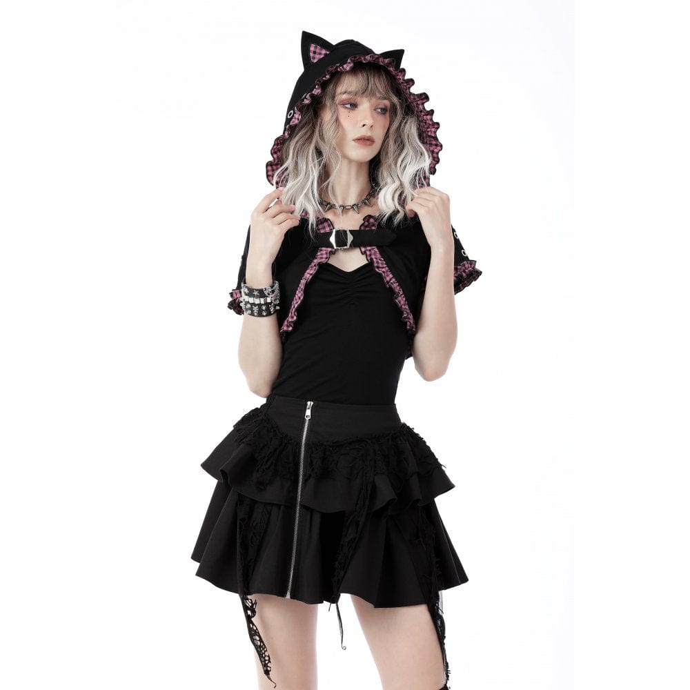 Darkinlove Women's Gothic Lolita Pink Plaid Cape with Cat Ear Hood