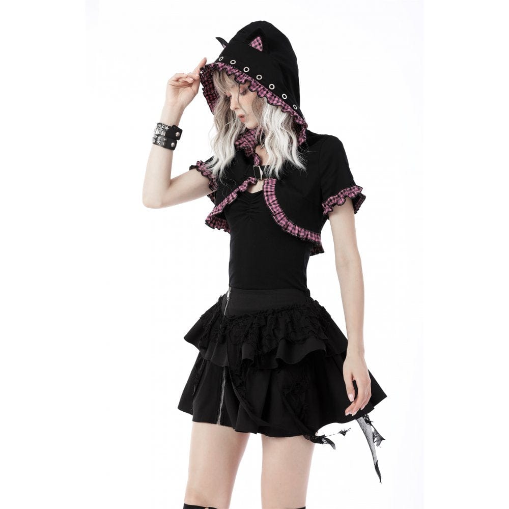Darkinlove Women's Gothic Lolita Pink Plaid Cape with Cat Ear Hood