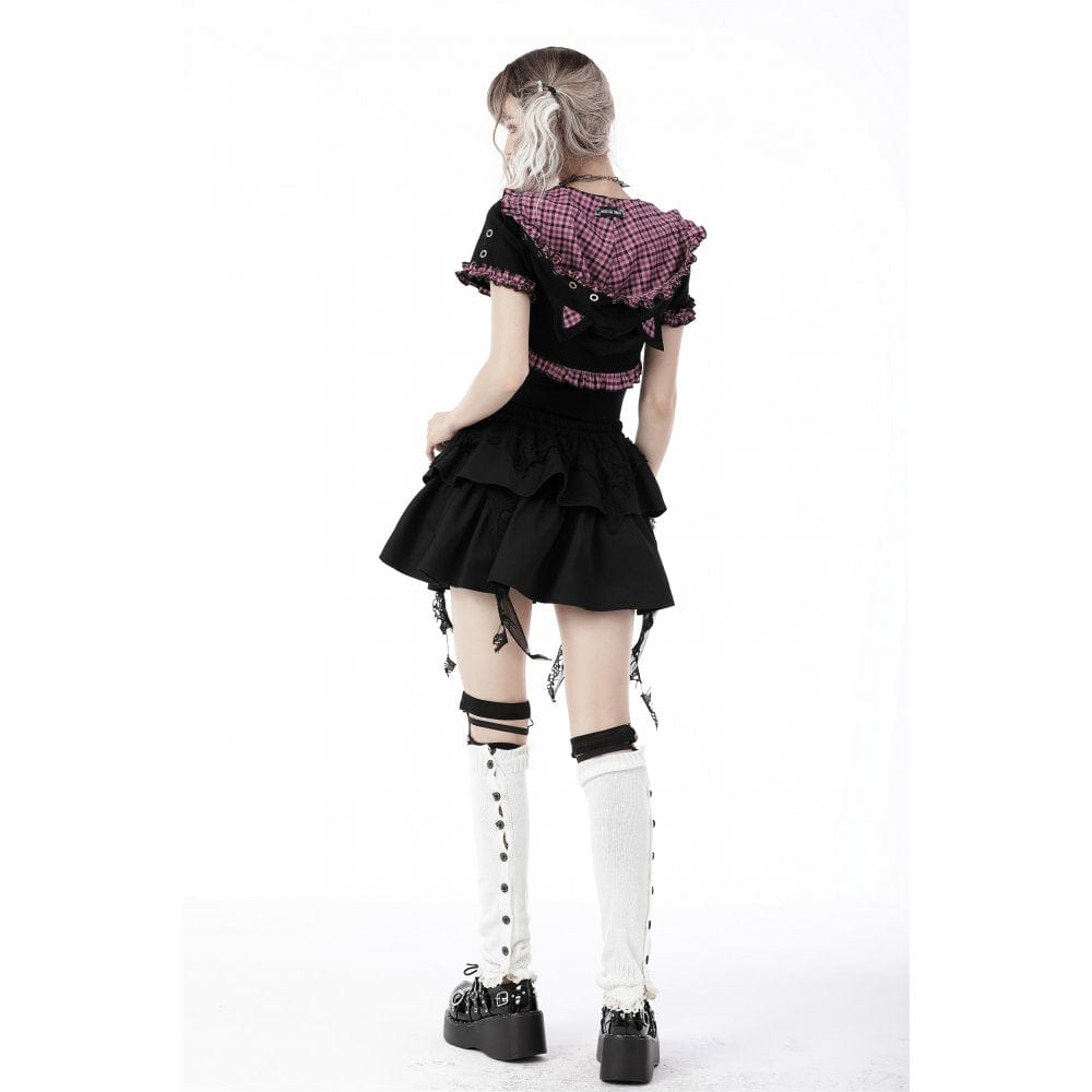 Darkinlove Women's Gothic Lolita Pink Plaid Cape with Cat Ear Hood