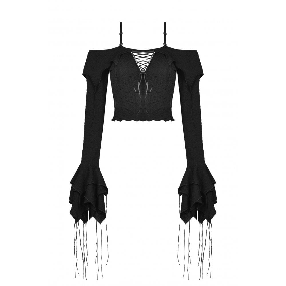 Darkinlove Women's Gothic Off Shoulder Flared Sleeved Crop Top