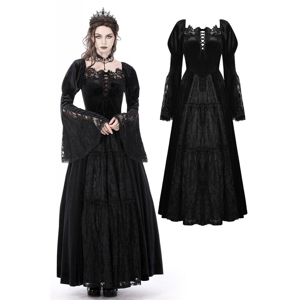 Darkinlove Women's Gothic Puff Sleeved Lace Splice Velvet Dress