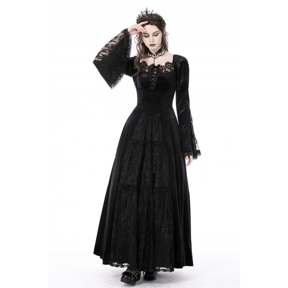 Darkinlove Women's Gothic Puff Sleeved Lace Splice Velvet Dress