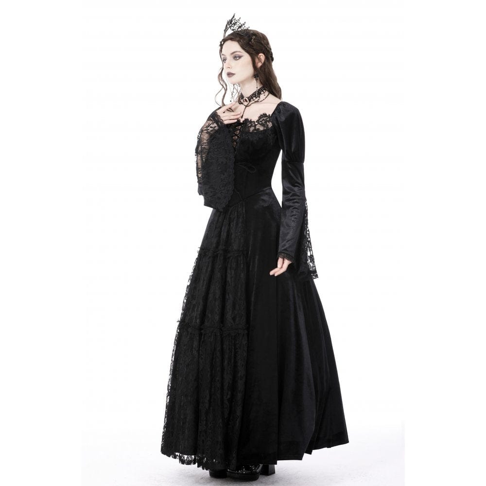 Darkinlove Women's Gothic Puff Sleeved Lace Splice Velvet Dress