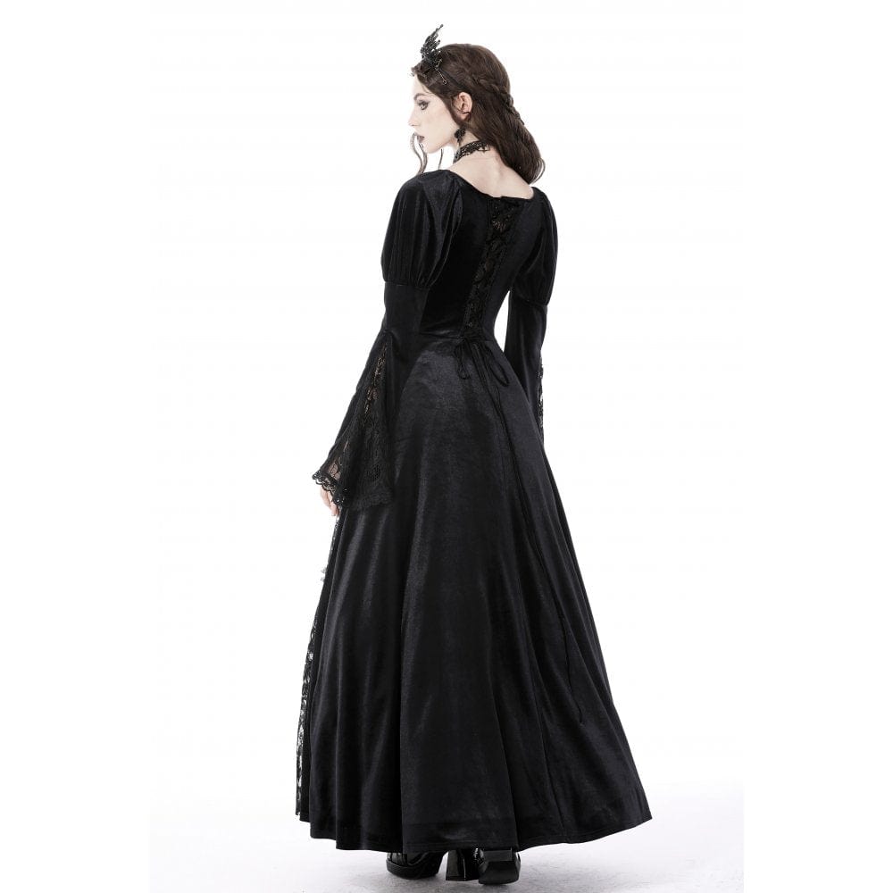 Darkinlove Women's Gothic Puff Sleeved Lace Splice Velvet Dress