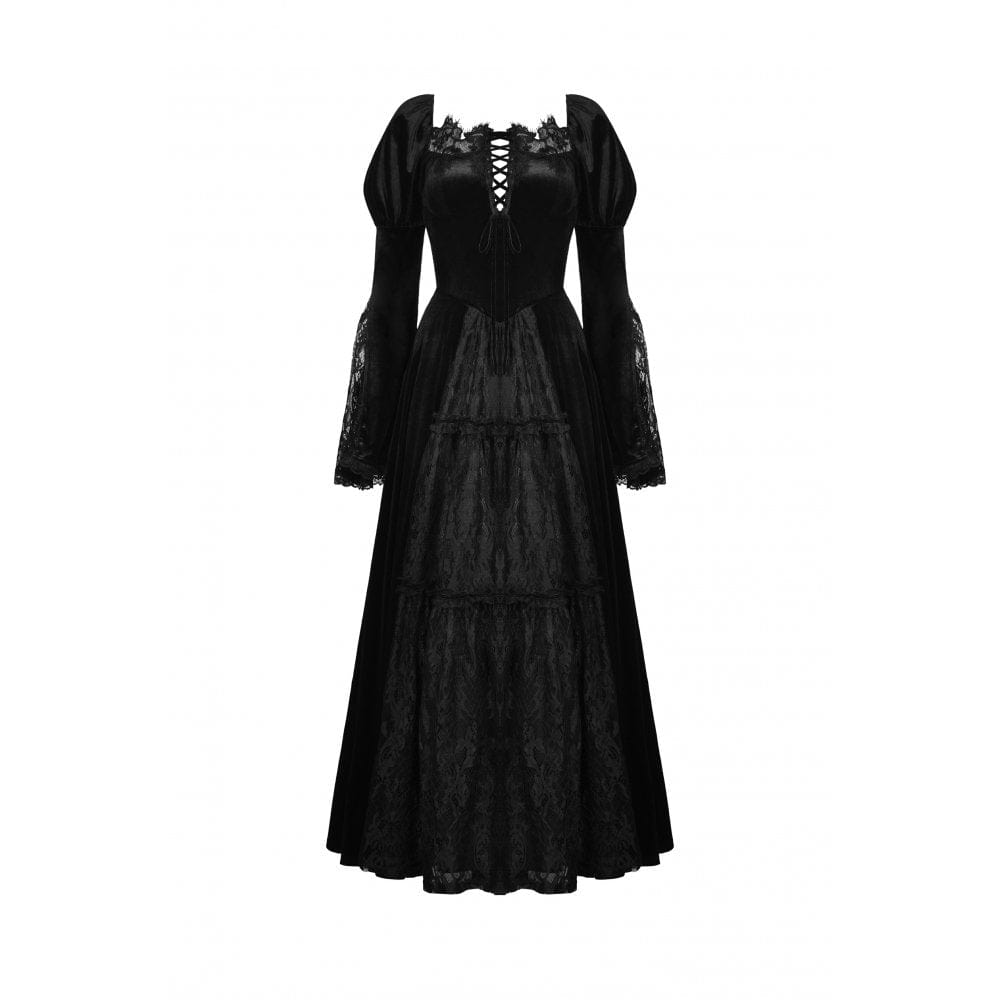Darkinlove Women's Gothic Puff Sleeved Lace Splice Velvet Dress
