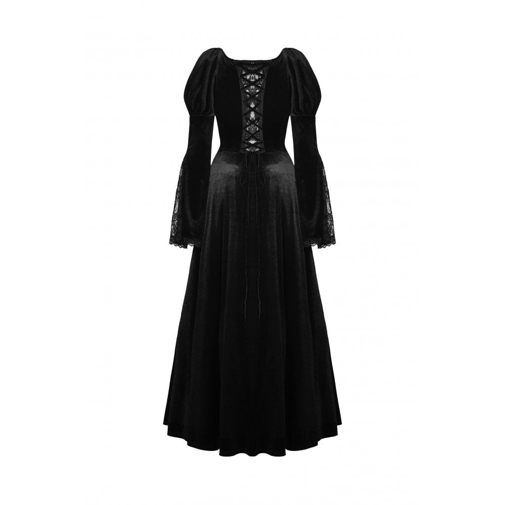 Darkinlove Women's Gothic Puff Sleeved Lace Splice Velvet Dress