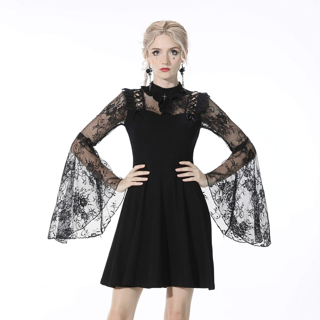 Darkinlove Women's Gothic Sheer Sleeved Cutout Black Dress Wedding Dress